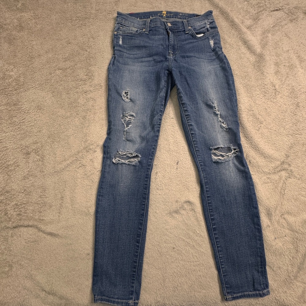 7 For All Mankind The Ankle Skinny Distressed Blue Jeans Women's Size 27